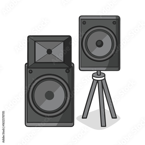 Two grey audio speakers one on a tripod sound music