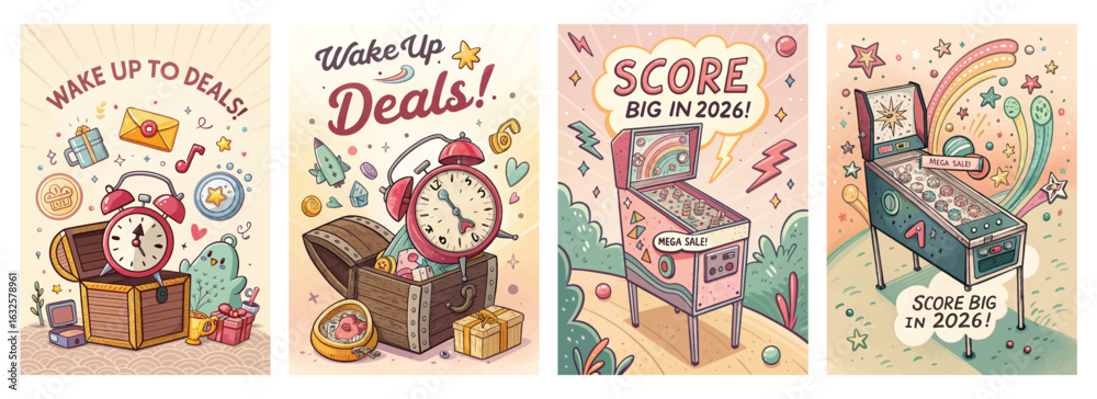 Obraz premium Set of four retro-themed posters featuring vibrant deals with alarm clocks treasure chests and pinball machines