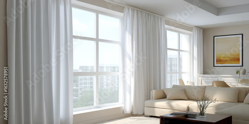 Bright Living Room with White Curtains and City View
