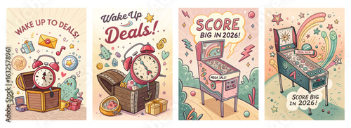 Set of four retro-themed posters featuring vibrant deals with alarm clocks treasure chests and pinball machines
