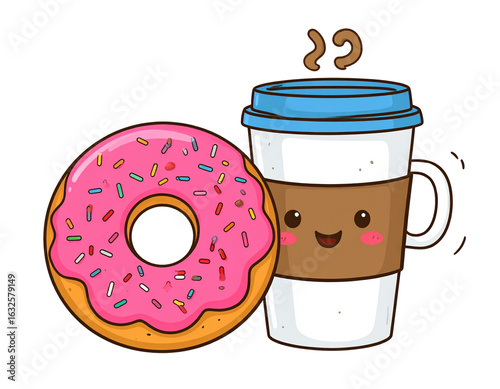 Cartoon Donut with Sprinkles and Cup of Coffee, Playful Style, Isolated on Transparent Background
