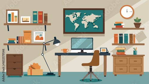 A home office with a white desk black metal shelving and a framed vintage map as wall decor.
