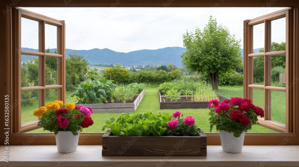 Fototapeta premium View of Lush Garden Through Open Windows with Flower Pots