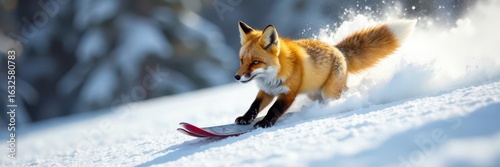 A nimble arctic fox gracefully navigates a slalom course on skis , woods, animal, wildlife