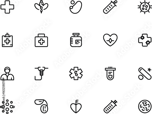 Healthcare and Medical Icons in Line Art Style Promoting Wellness and Scientific Innovation for Digital Designs