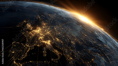 Earths glowing continents illuminated by city lights and flight paths night Europe