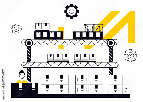 Logistics and supply chain management concept, a warehouse building with a conveyor belt, showing boxes being moved and a professional overseeing the process, representing efficient production and str