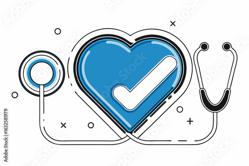 Healthcare and medical check-up concept, a stethoscope wrapped around a heart with a checkmark, representing health security, successful medical care, and wellness.

