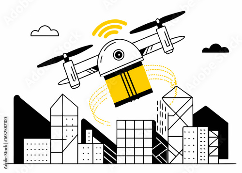 Drone delivery and logistics technology concept, showing a flying drone carrying a package over a city skyline, representing modern shipping, fast delivery, and innovative transportation.

