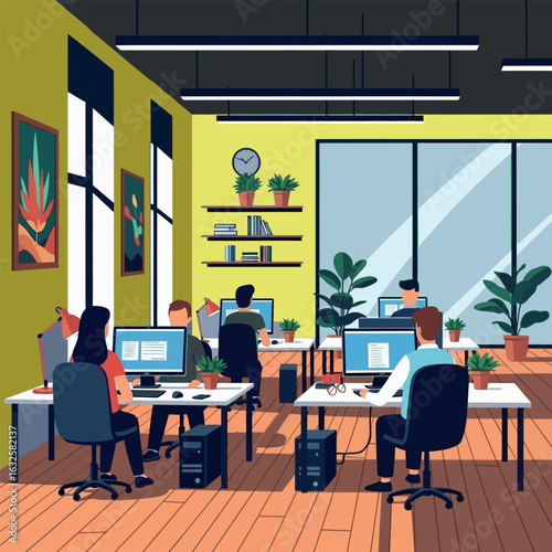 Modern Office Interior with Workers at Desks.