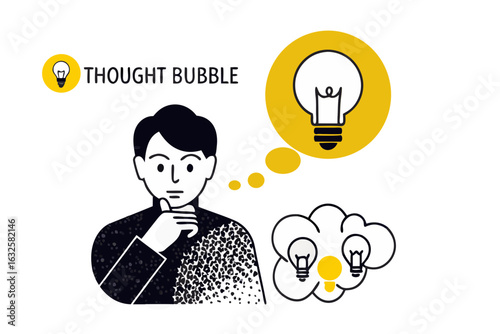 Creative thinking and new idea generation concept, a person with a thoughtful expression and a thought bubble containing "thought bubble" text, surrounded by light bulbs representing innovative ideas 