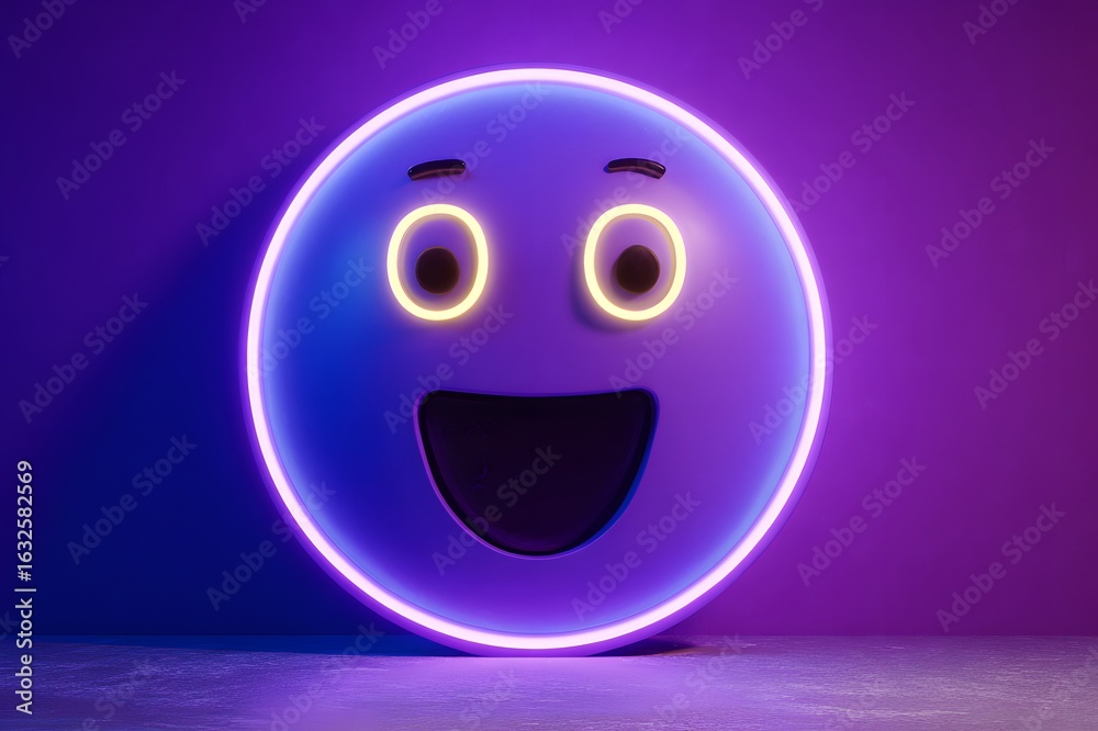 Fototapeta premium Vibrant neon emoji glows with happy expression, capturing joy and modern digital culture in a striking purple and yellow aesthetic.