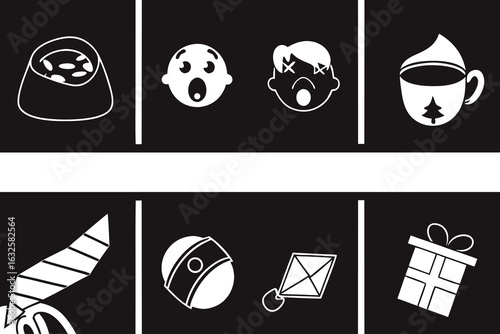 Assorted white icons on black background set of food