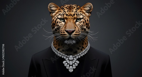 A highly realistic portrait of a leopard wearing an elegant diamond necklace and a black suit. Studio lighting, luxurious fashion concept, fierce.