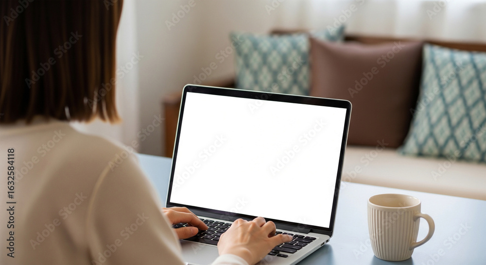 Over Shoulder View of Freelancer Woman Working on a Blank Laptop Over Shoulder View of Freelancer Woman Working on a Blank Laptop