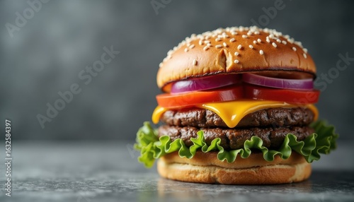 Delicious cheeseburger with lettuce, tomato, and onion on grey background  