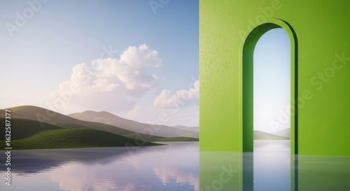 Green archway framing a serene landscape with mountains, lake, and sky