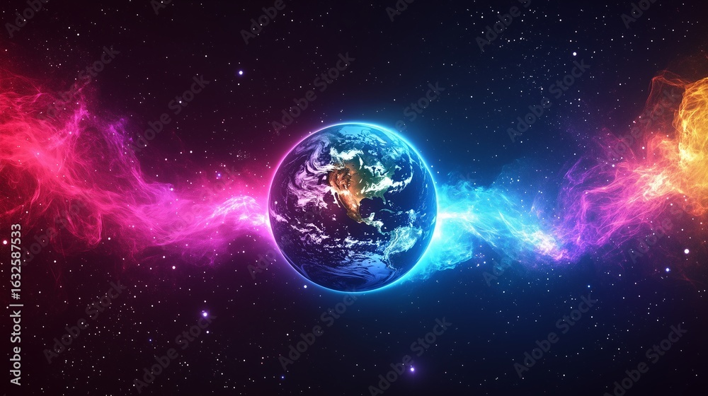 Obraz premium A dramatic and intense image of planet Earth with a nebula flowing