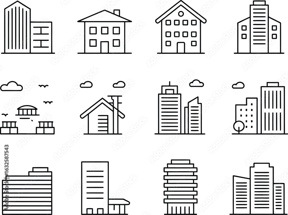 Fototapeta premium Collection of minimalist line art buildings houses and cityscapes urban landscape architecture and real estate design elements