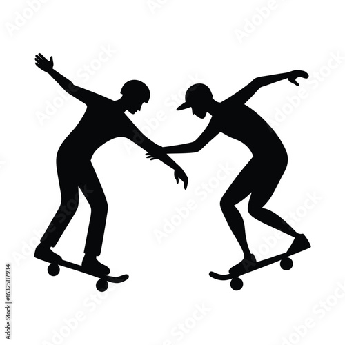 Skateboarders High-Five Motion Silhouette Art Illustration