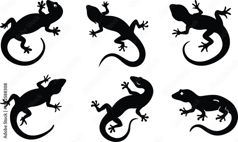 Fototapeta premium Minimalist black and white gecko lizard silhouette in clean vector icon style, perfect for modern logos, nature designs, and simple wildlife graphics.
