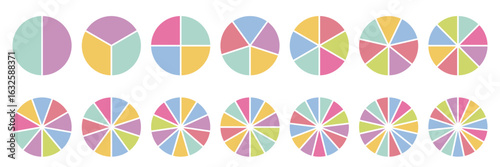 Colorful pie chart set with increasing segment count. Circle charts collection. Flat pastel design, clean geometric layout. Ideal for infographic, presentation, UI, dashboard, report, diagram