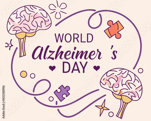 World Alzheimer s Day Illustration with Brains Puzzle Pieces and Decorative Elements on a Beige Background