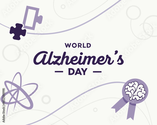 World Alzheimer s Day Illustration with Puzzle Piece Brain Ribbon and Atom Symbol on White Background