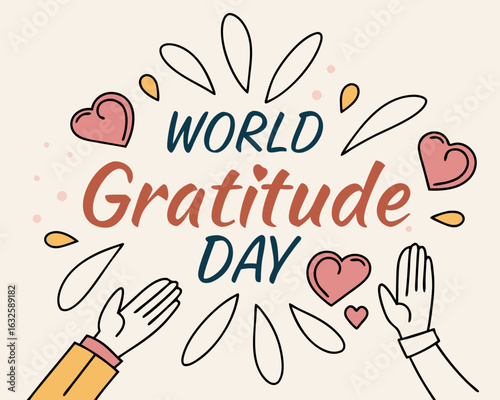 Celebration of World Gratitude Day with Hearts Hands and Festive Decorations in a Flat Design