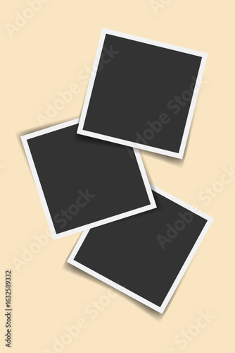 Vertical template with three overlapping square photo frames. Realistic photo collage background. Blank placeholders for images, poster, memories, scrapbooking, social media, album design mockup