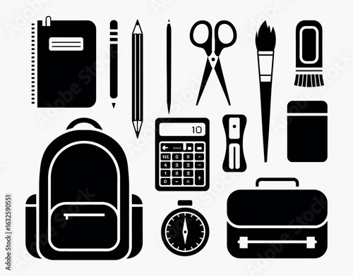 School Tools and Stationery Silhouette Vector EPS Template with Simple Layout