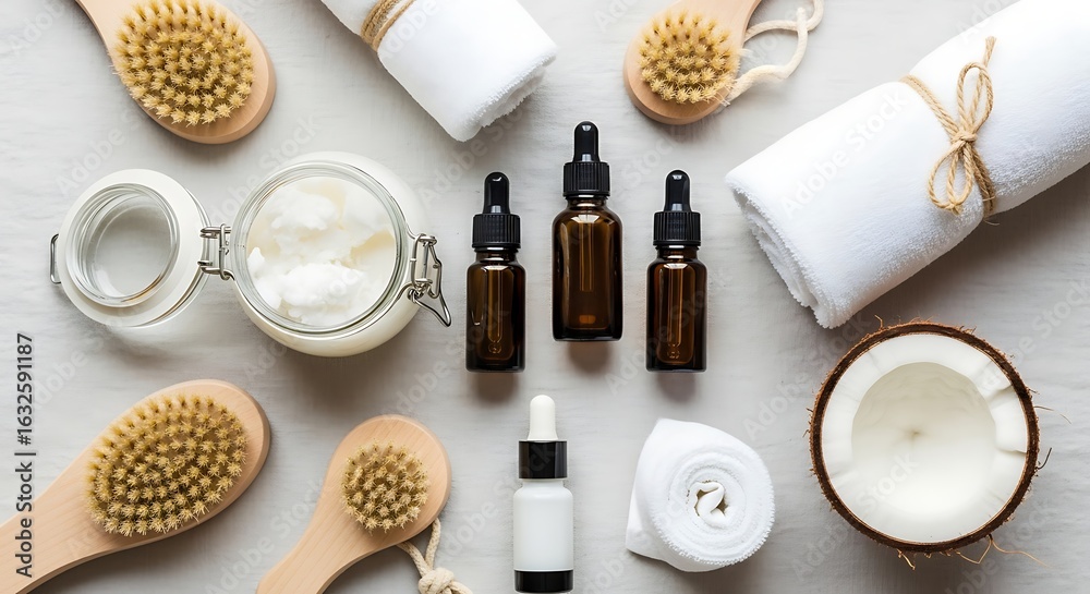 Naklejka premium Organic skincare products flat lay with coconut oil brushes and essential oils for beauty routine