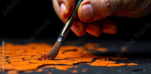 Hand Holding Paintbrush Applying Orange Powder On Surface artist painting
