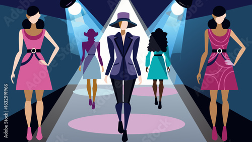 Fashion runway show with models in stylish dresses and suits under bright spotlights presentation of new trends created with generated ai
