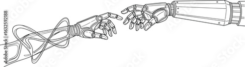 Robot hand reaching digital art ai technology connection concept