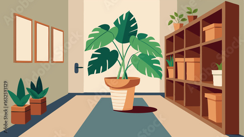 A hallway with a large monstera plant in a woven basket and smaller potted plants lining the shelves.