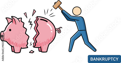 Bankruptcy concept breaking piggy bank financial crisis illustration