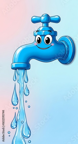 A cheerful blue water faucet with flowing water.