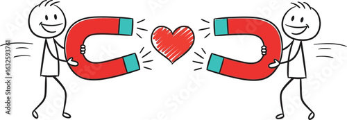 Attraction love magnet stick figures drawing attracting heart design
