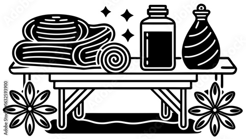 Still life of towels and bottles on a table with floral accents and sparkling stars above it all created with generated ai