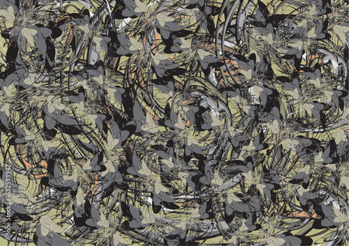 Chaotic camouflage motifs with swirl and btterfly wings elements. Dark backdrop for camouflage uniforms, covers, tiles, fashion trends, fabrics, textiles or prints, posters, interior solutions, etc. 