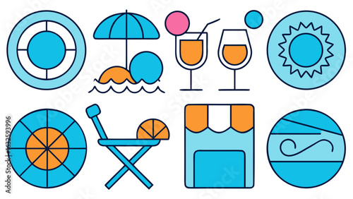 Illustration of summer vacation items including a beach umbrella and refreshing drinks in vibrant colors created with generated ai