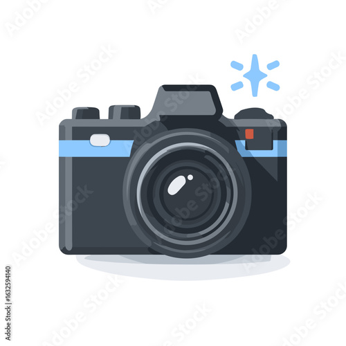 Camera with sparkling lens on a plain background, representing the art of photography and capturing moments