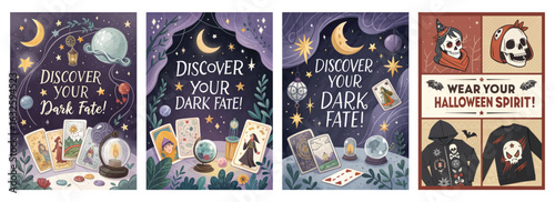 Set of four posters with mystical tarot card illustrations and Halloween-themed designs