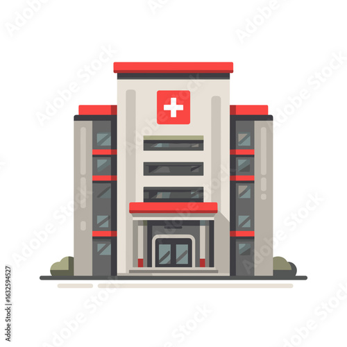 Modern hospital building with red cross emblem designed for healthcare services and community support