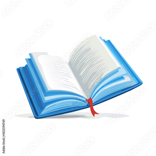 Open blue book with blank pages and a ribbon bookmark lying on a flat surface in a well-lit environment