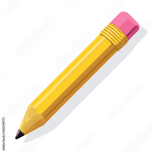Bright yellow pencil with pink eraser positioned at an angle on a white surface