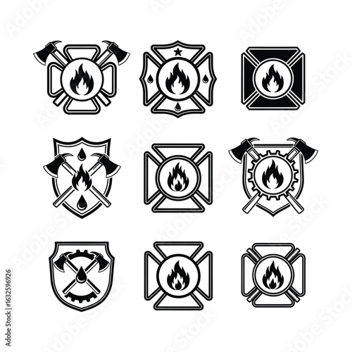 Firefighter and Fire Department Emblems, Vector Set