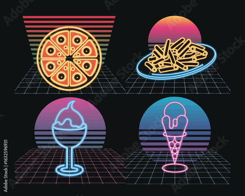 Retro 80s Neon Food Icons: Pizza, Fries, Sundae, Ice Cream Cone, Synthwave Style, Bright Colors,  Nostalgic Vibe.