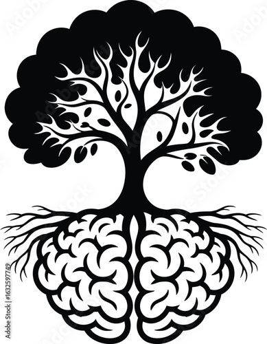 Vector Brain Tree Graphic: The Brain as a Tree with Roots for Mental Growth.

